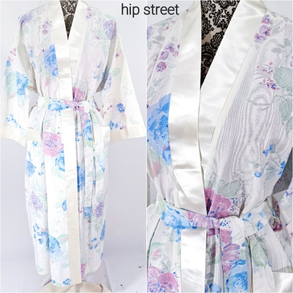 VINTAGE APPEL Robe Satin Trim Cotton Blend Floral Wrap Kimono Long NWOT L